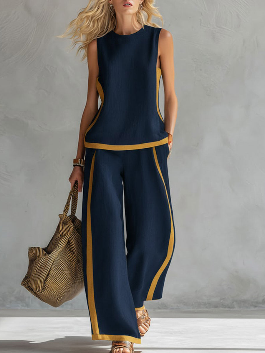 Plus Size Friendly Plus Size Friendly Women’s Round Neck Sleeveless Casual Loose Top And High-waisted Loose Wide-leg Pants Cotton And Linen Set.