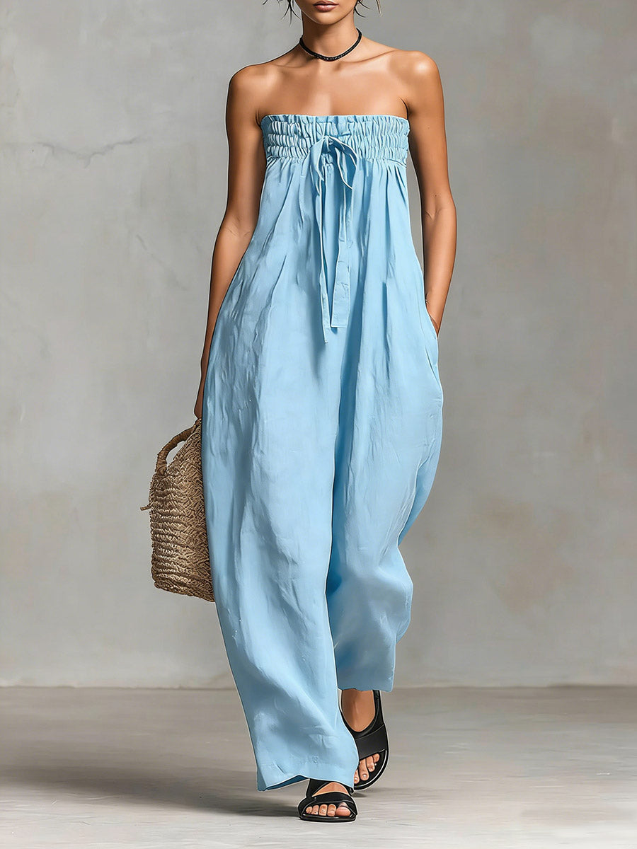 Women’s Solid Color Strapless Casual Loose Cotton And Linen Jumpsuit