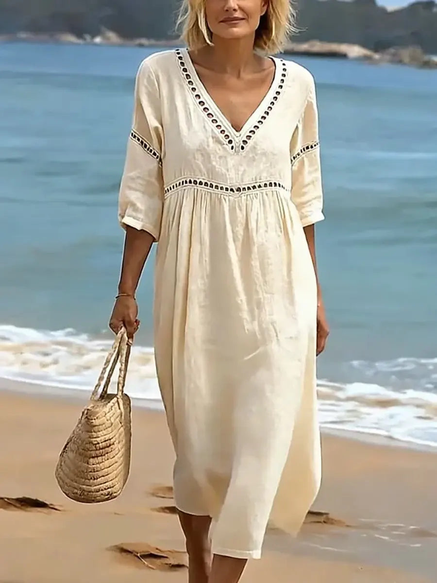 Women’s Solid Color Retro Casual Stylish Vacation Cotton Dress