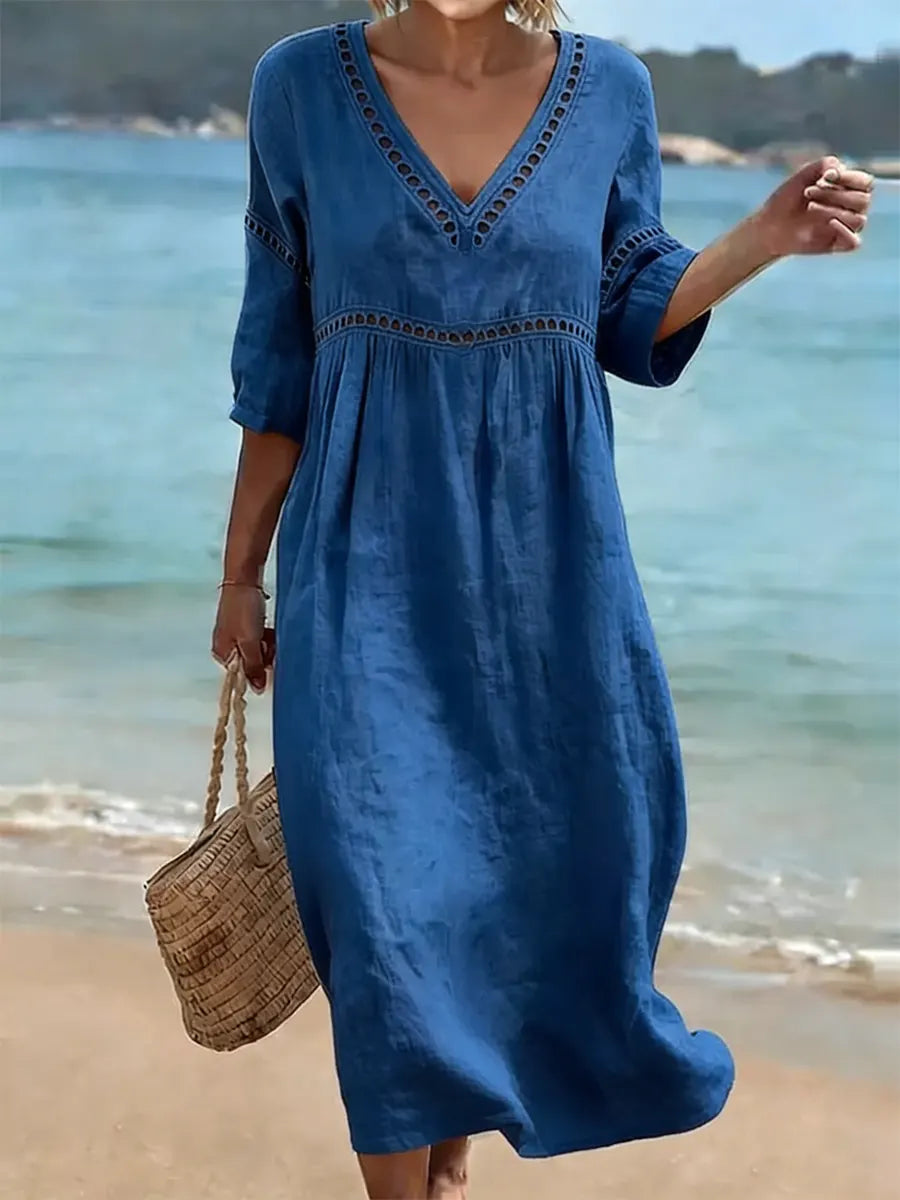 Women’s Solid Color Retro Casual Stylish Vacation Cotton Dress