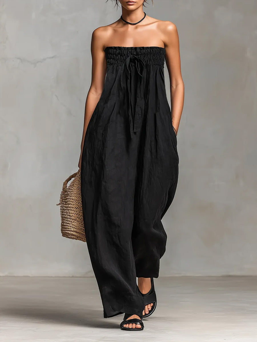 Women’s Solid Color Strapless Casual Loose Cotton And Linen Jumpsuit