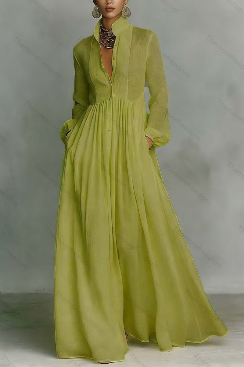 Women’s elegant figure-flattering long-sleeved pleated A-line dress perfect for vacations and inspired by French style