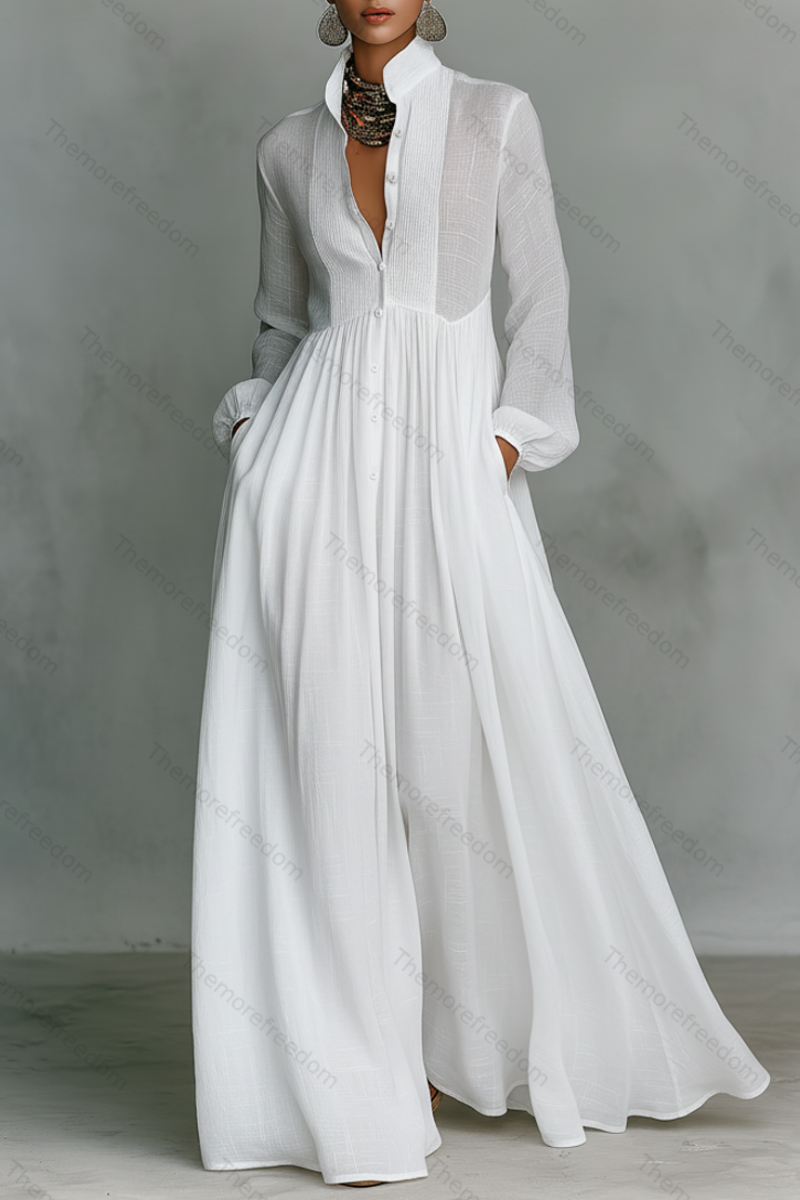 Women’s elegant figure-flattering long-sleeved pleated A-line dress perfect for vacations and inspired by French style