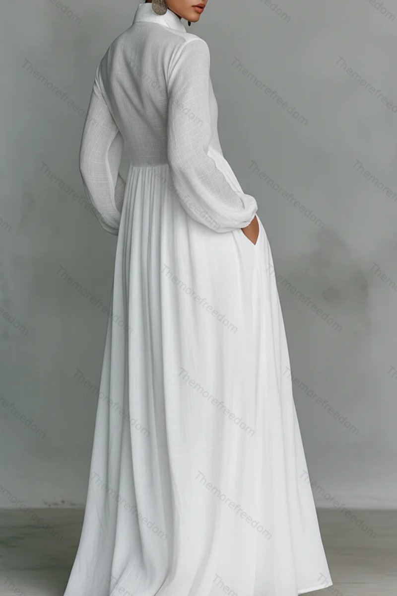Women’s elegant figure-flattering long-sleeved pleated A-line dress perfect for vacations and inspired by French style