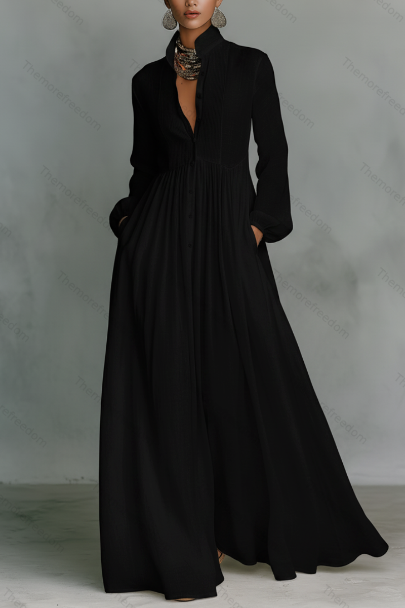 Women’s elegant figure-flattering long-sleeved pleated A-line dress perfect for vacations and inspired by French style