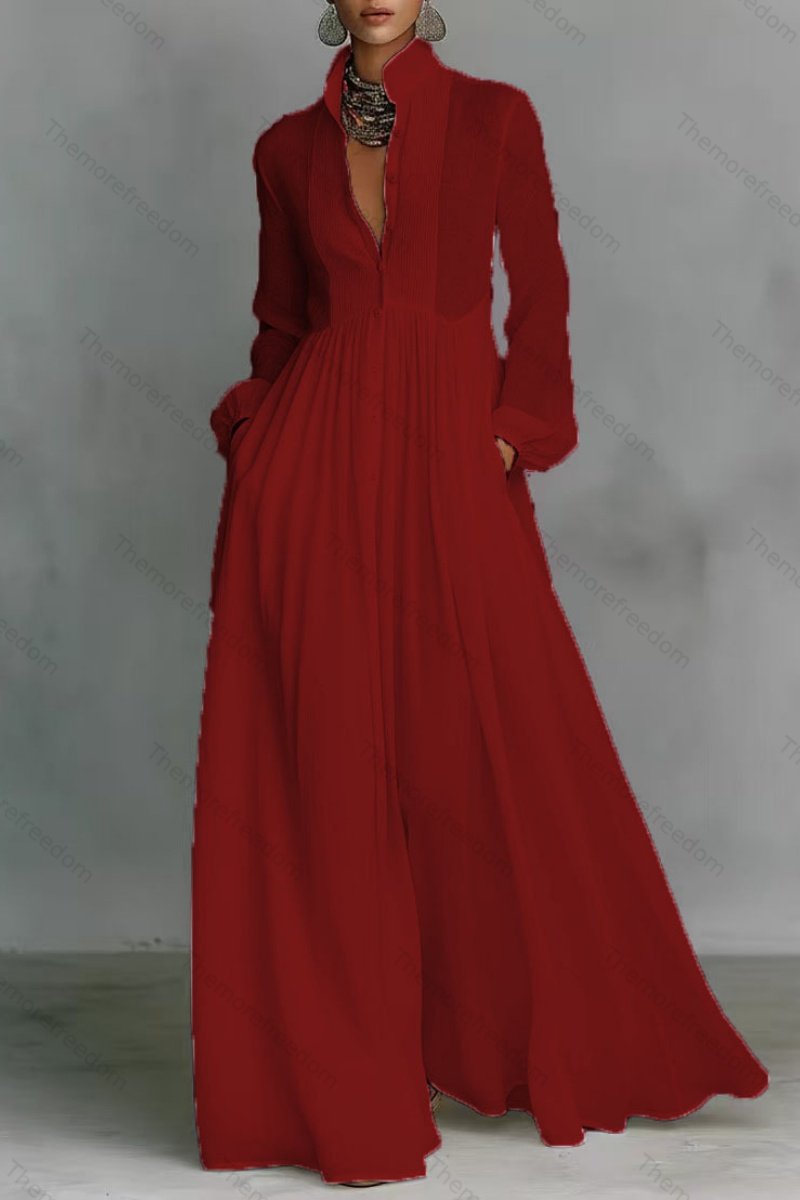 Women’s elegant figure-flattering long-sleeved pleated A-line dress perfect for vacations and inspired by French style