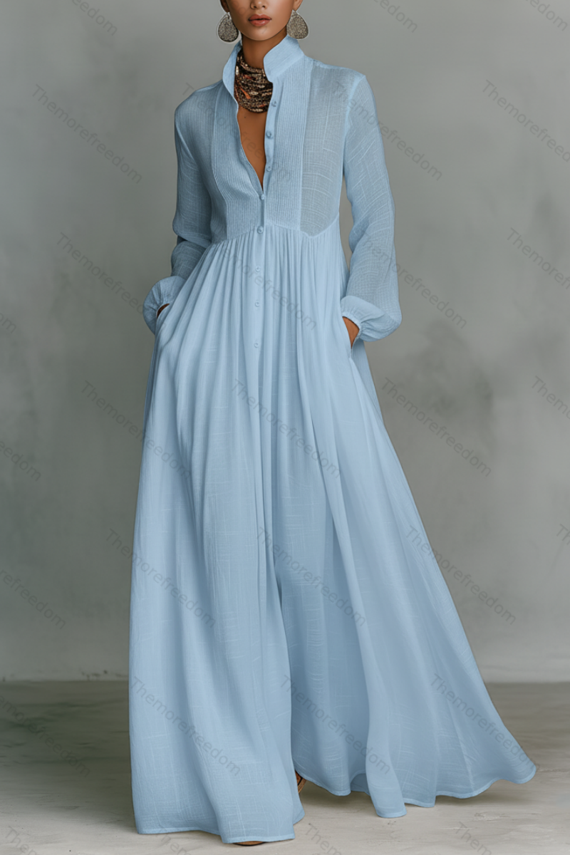 Women’s elegant figure-flattering long-sleeved pleated A-line dress perfect for vacations and inspired by French style