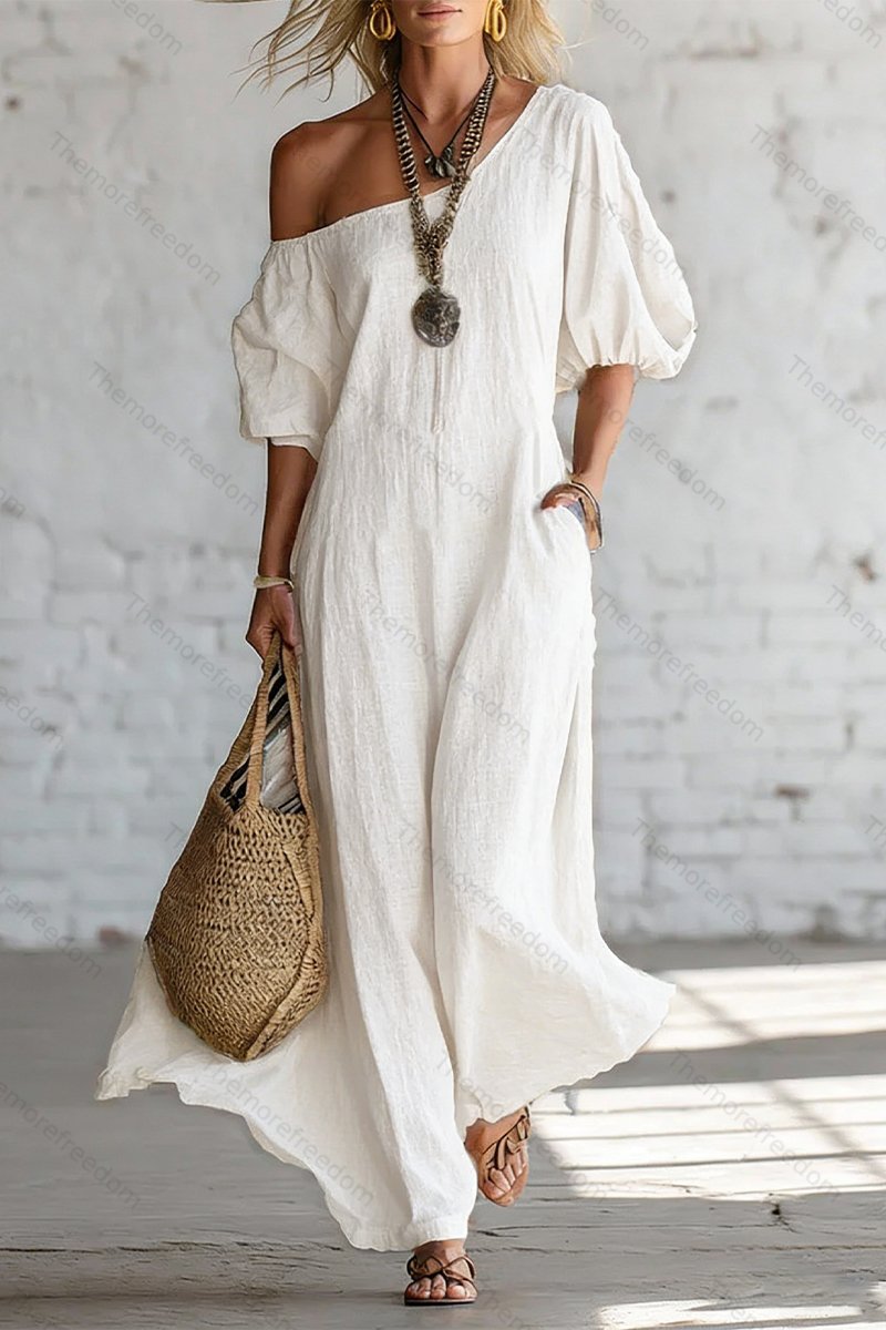 Women’s Solid-Color Loose-Fit Off-the-Shoulder Dress — Sophisticated Vintage Style