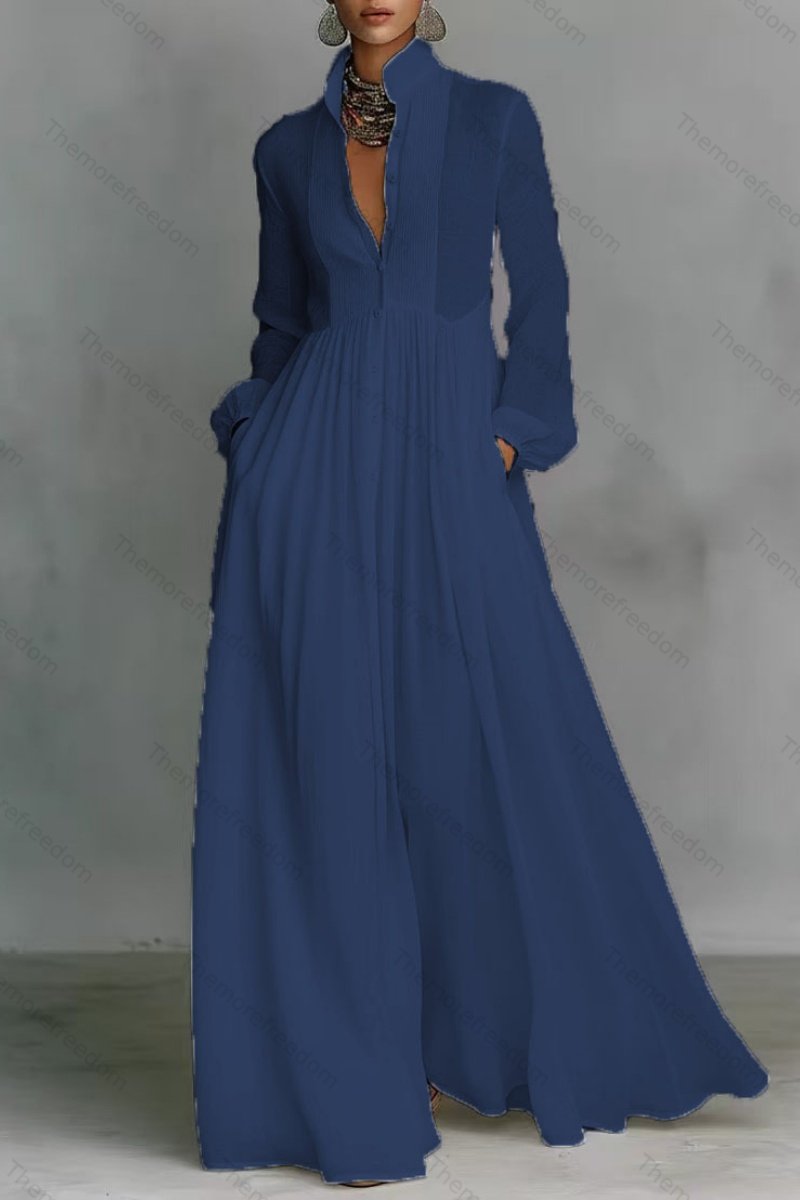 Women’s elegant figure-flattering long-sleeved pleated A-line dress perfect for vacations and inspired by French style