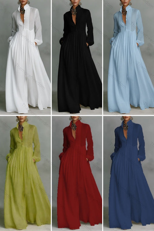 Women’s elegant figure-flattering long-sleeved pleated A-line dress perfect for vacations and inspired by French style