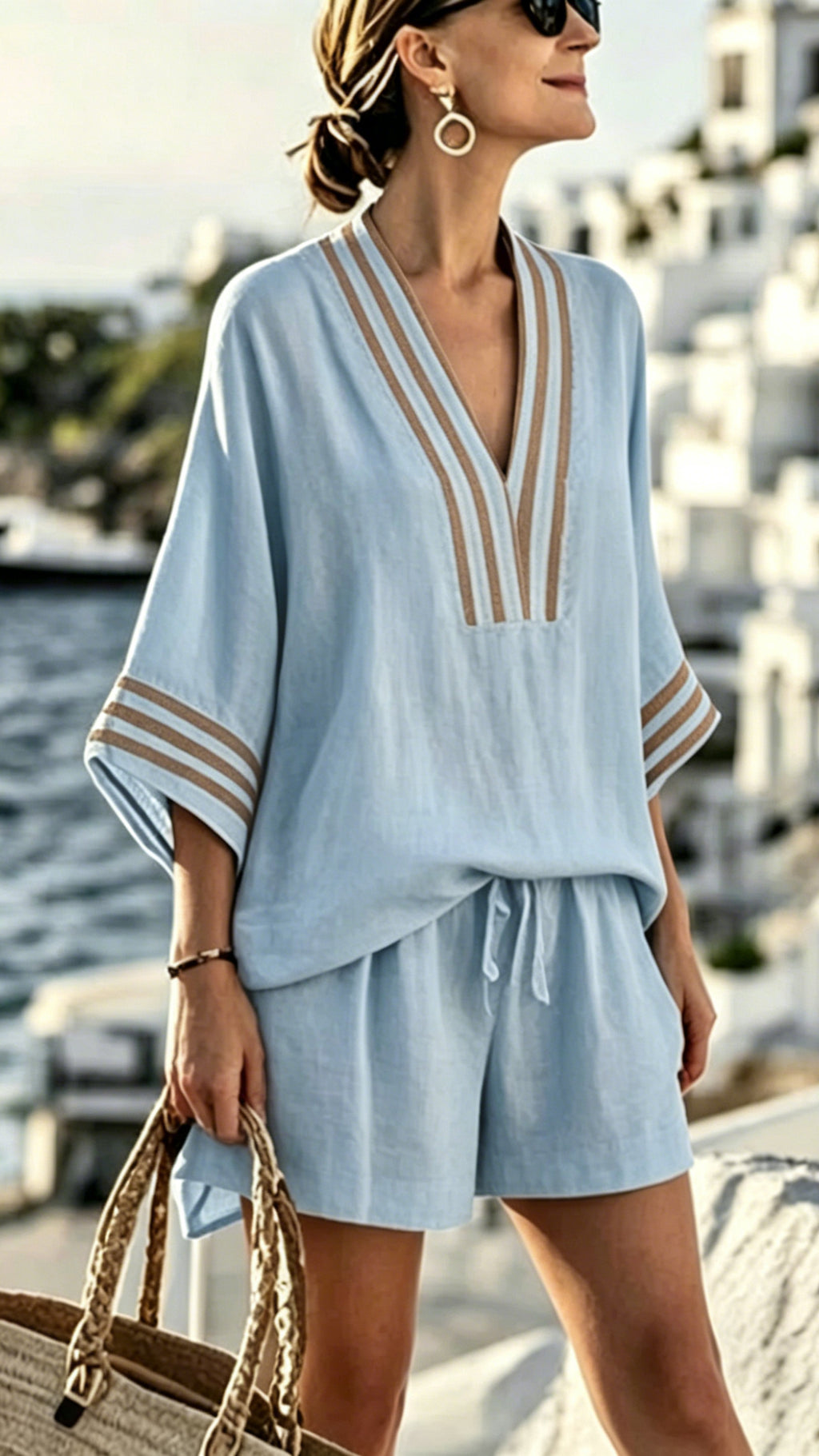 Women’s V-Neck Striped Loose-Fit Casual Two-Piece Set