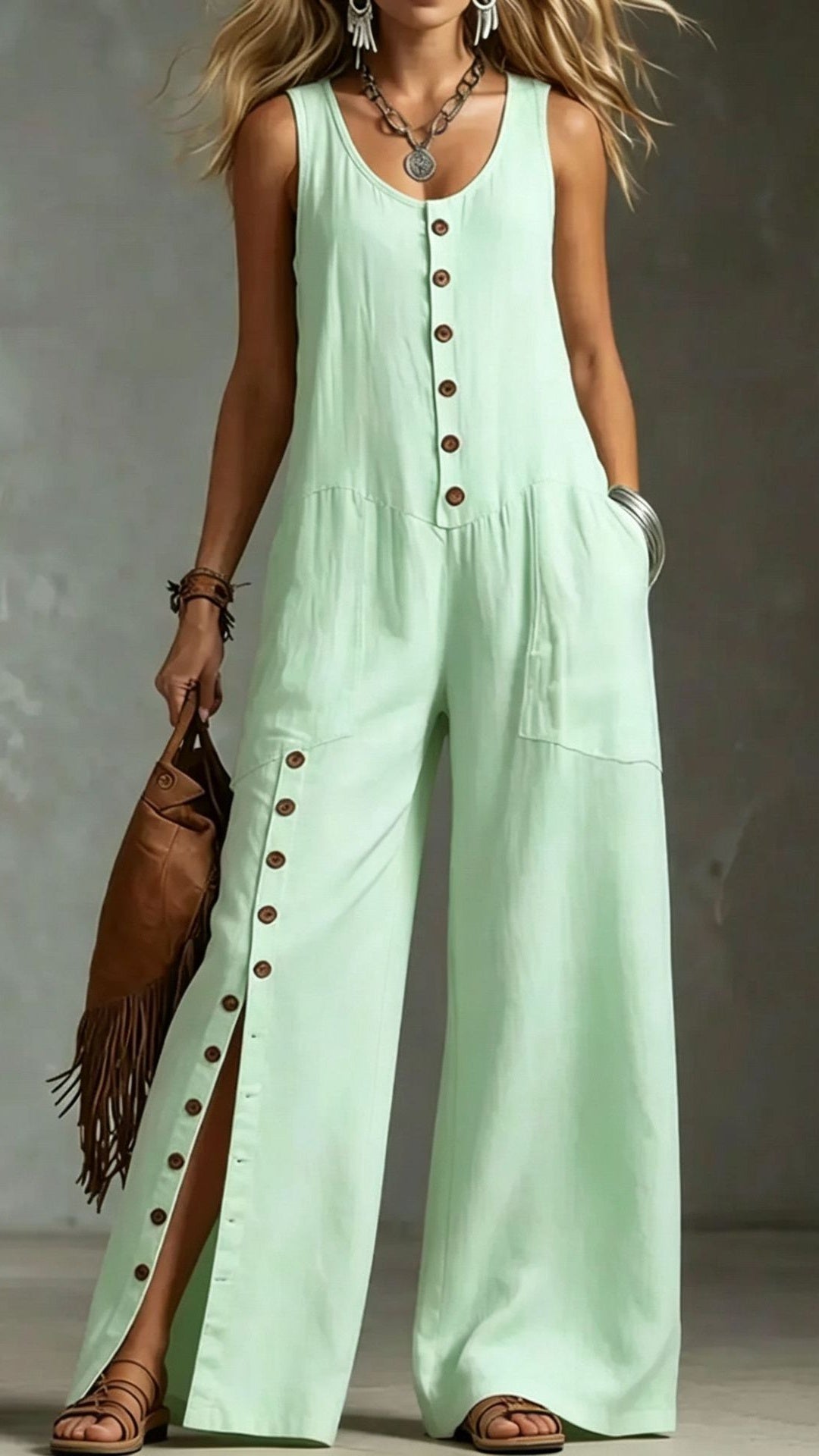 Women’s Sleeveless Linen Jumpsuit with Button Pockets
