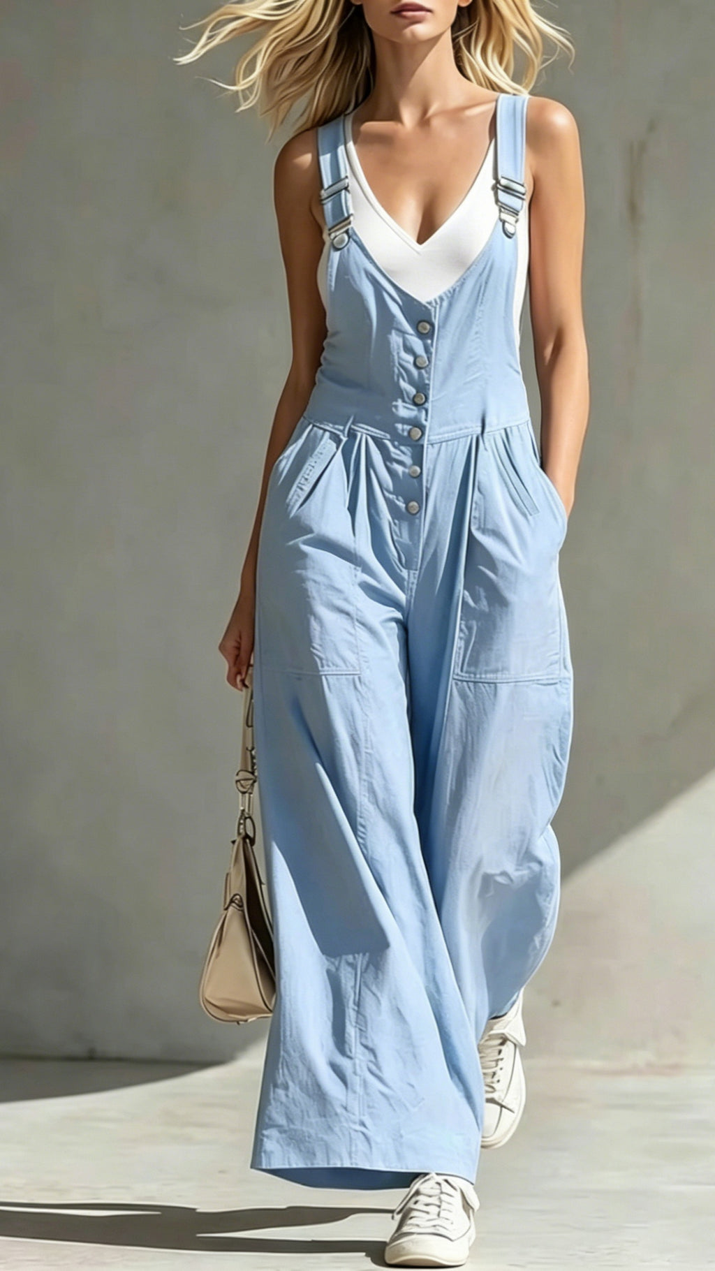 Women’s V-Neck Jumpsuit with Pockets, Zipper, Buttons, Open Back, and Waist-Cinching Straps