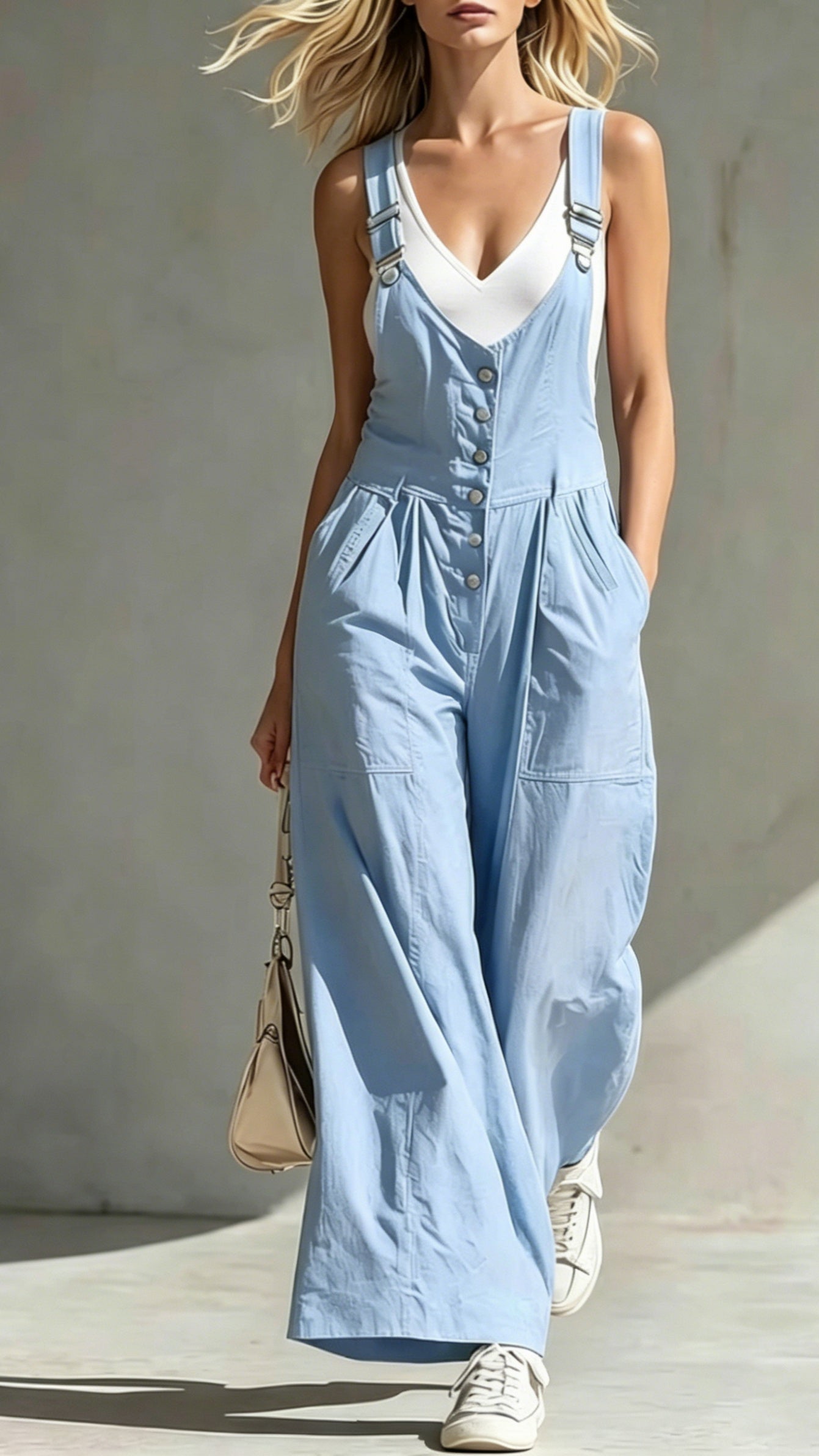 Women’s V-Neck Jumpsuit with Pockets, Zipper, Buttons, Open Back, and Waist-Cinching Straps