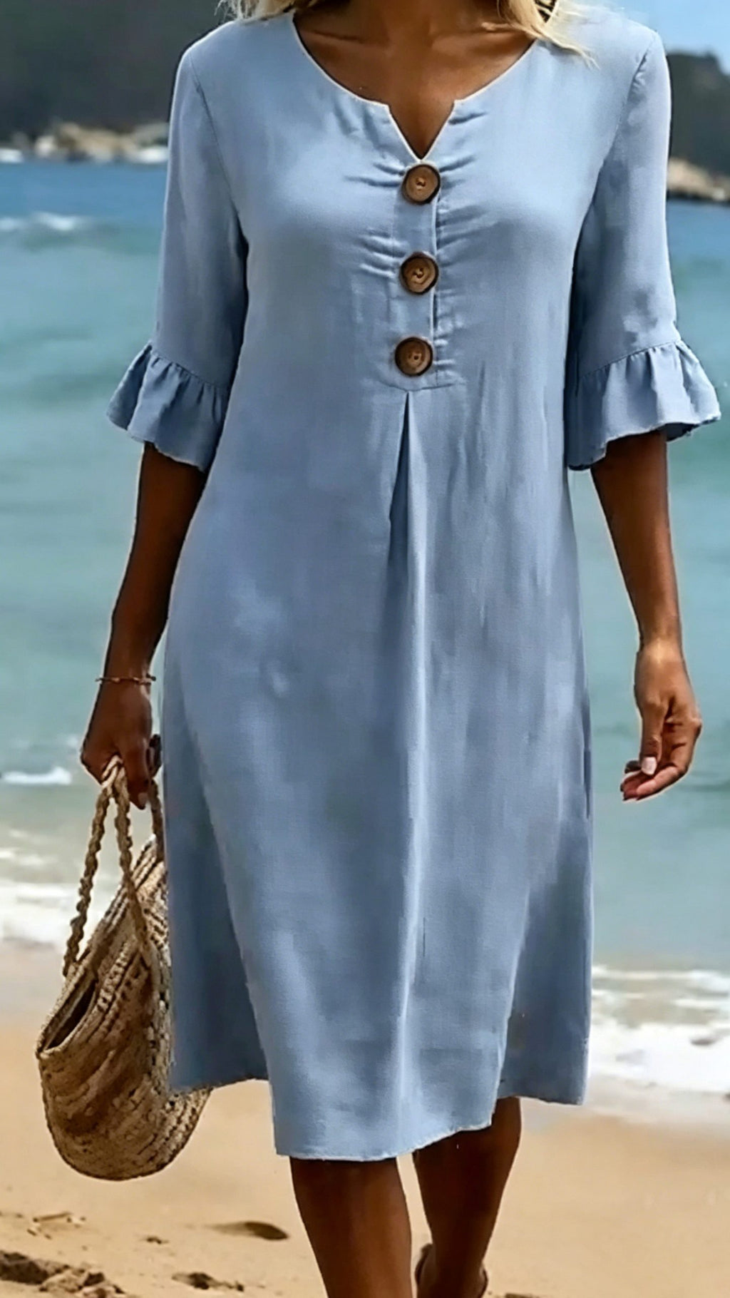 Women’s Cotton-Linen Dress with V-Neck, Large Buttons, and Ruffled Sleeves