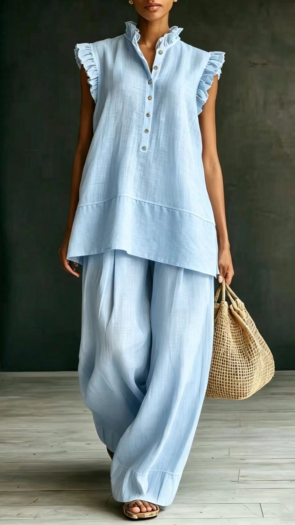 Women’s Ruffled Sleeveless Shirt and Loose-Fit Trousers Two-Piece Set