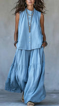 Women’s Two-Piece Set: Stand-Collar, Sleeveless Top with Front Placket & Wide-Leg Pants