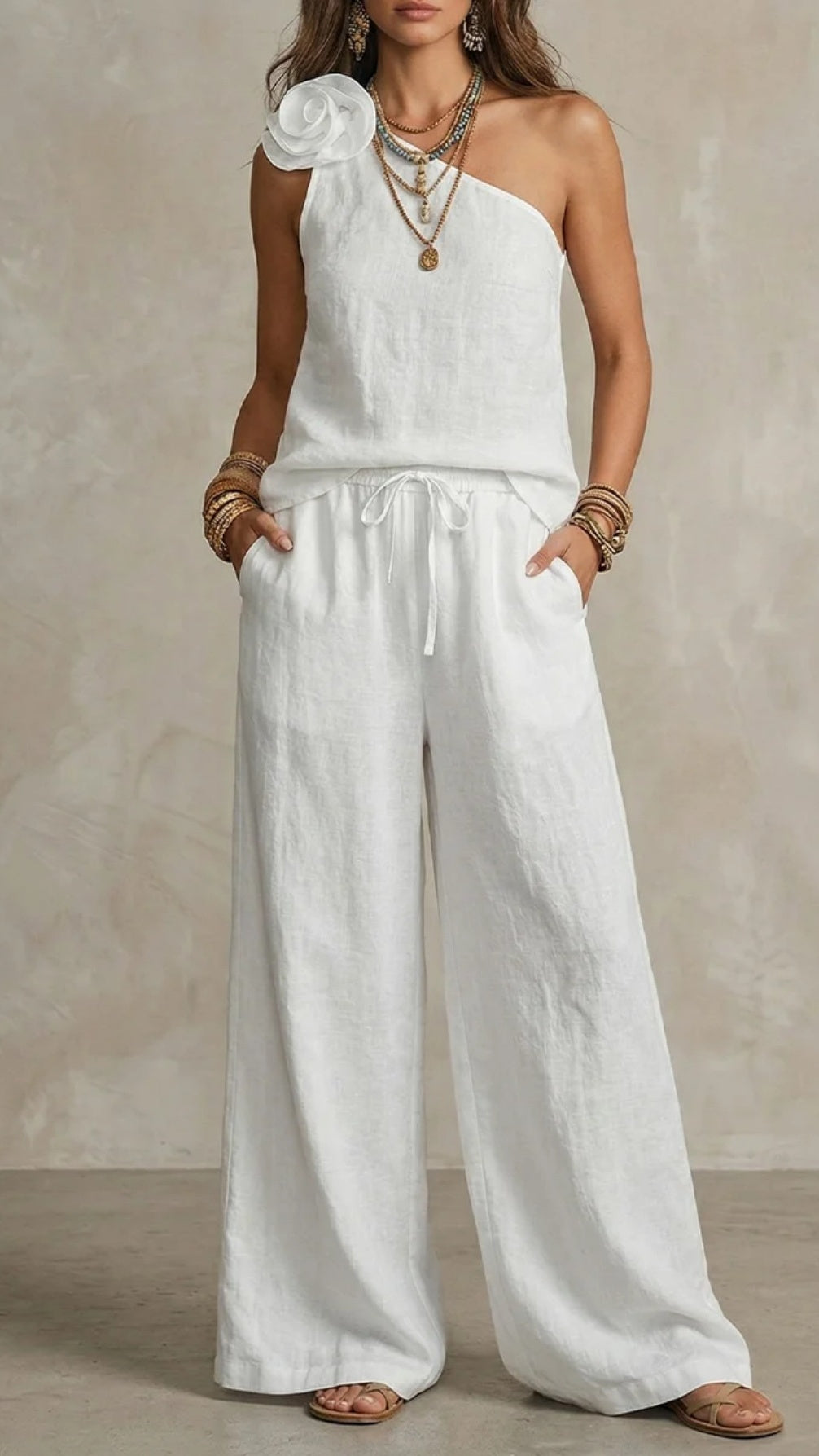 Women’s Two-Piece Set: One-Shoulder Strap Top & T-Shirt
