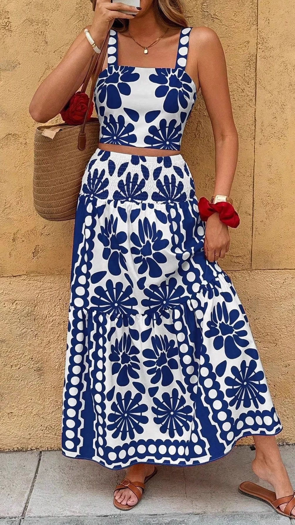 Women’s Vacation-Style Casual Printed Spaghetti-Strap Maxi Dress Set