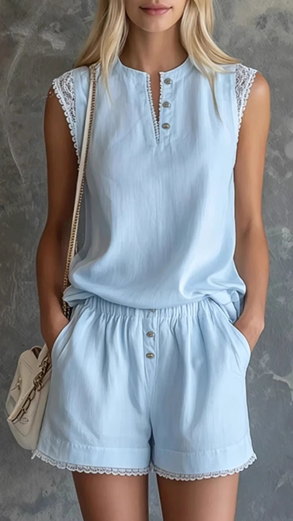 Women’s Solid-Color V-Neck Button-Front Short-Sleeve & Shorts Casual Two-Piece Set