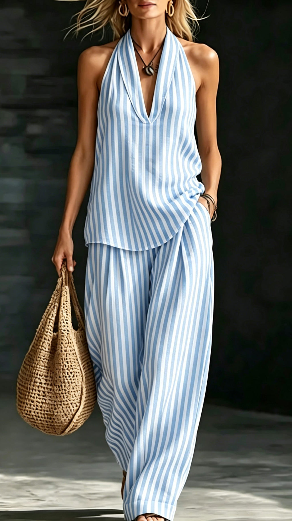 Women’s Striped Cotton-Linen Set: Wide-Leg Pants & Halter Top