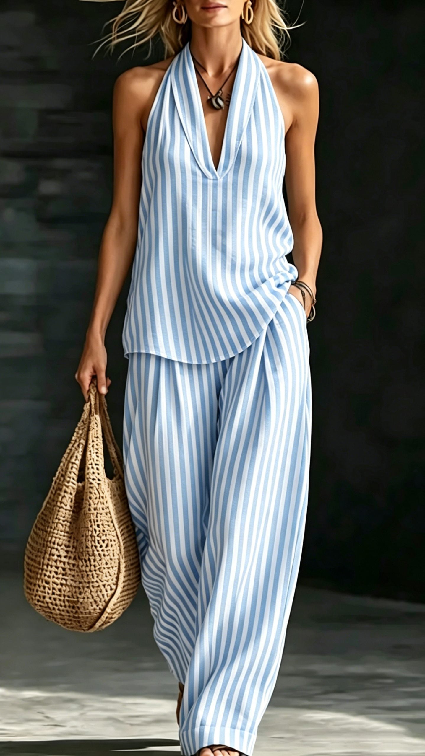 Women’s Striped Cotton-Linen Set: Wide-Leg Pants & Halter Top